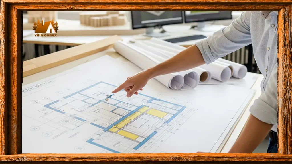یک مهندس در حال بررسی و اشاره به جزئیات فنی روی نقشه یک کانکس ویلایی.