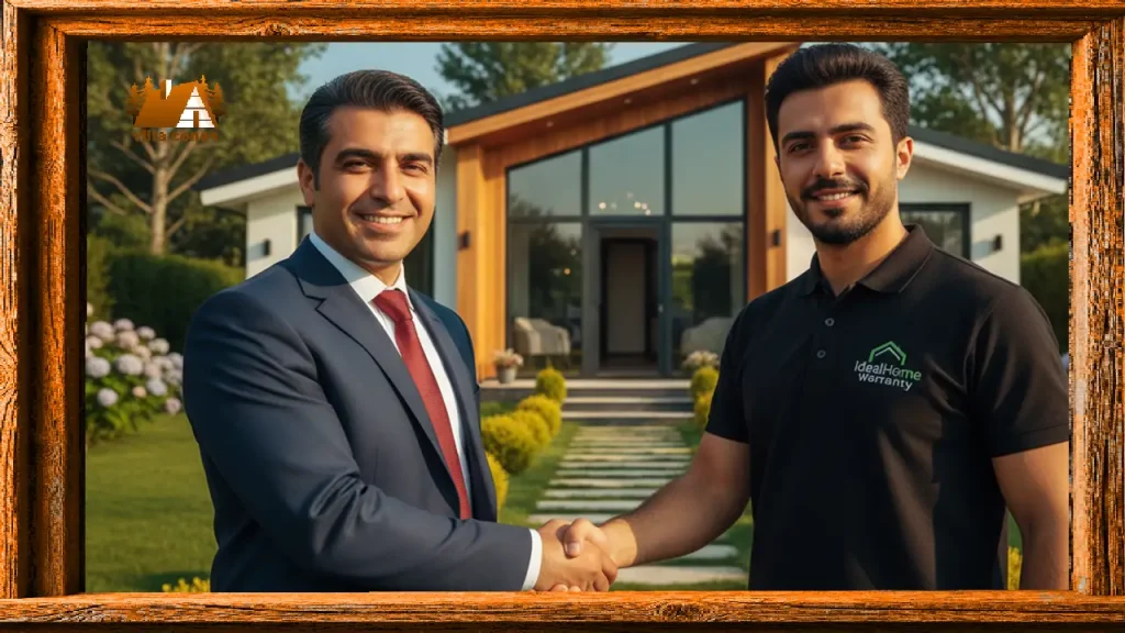 دو نفر در مقابل یک کانکس ویلایی نصب شده در حال دست دادن، نمادی از تحویل موفق و گارانتی.
